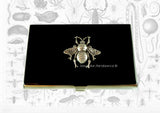 Queen Bee Business Card Case Neo Victorian Insect Inlaid in Hand Painted Glossy Black Enamel with Personalizad and Color Options