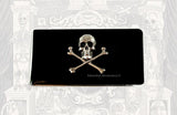 Skull and Crossbones Money Clip Gothic Inspired Inlaid in Hand Painted Navy Blue Enamel with Personalized and Color Option