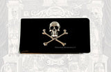 Skull and Crossbones Money Clip Gothic Inspired Inlaid in Hand Painted Black Enamel with Personalized and Color Option
