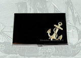 Anchor Business Card Case Inlaid in Hand Painted Black Enamel Vintage Style Nautical Design with Personalized and Color Options