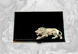 Prowling Lion Business Card Holder Safari Inspired Inlaid in Hand Painted Black Enamel Metal Card Case Custom Color and Personalized Options