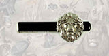 Lion Head Tie Bar Clip  Inlaid in Black Glossy Enamel in Antique Silver Large Slide Tieclip Safari Tie Bar Accent Custom Colors Available