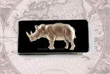 Antique Silver Rhino Money Clip Inlaid in Hand Painted Black Enamel Neo Victorian Safari Rhinoceros Custom Colors and Personalized Option