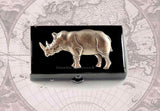 Silver Rhino Pill Box Inlaid in Hand Painted Black Glossy Enamel Neo Victorian Safari with Personalized and Color Options