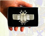 Silver Egyptian Scarab Cigarette Case Inlaid in Hand Painted Glossy Black Enamel Gothic Victorian Metal Wallet with Personalized Option