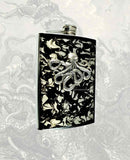 Antique Silver Kraken Flask Inlaid in Hand Painted Enamel Black Ink Swirl Design Neo Victorian Octopus Personalized and Custom Color Options