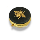 Antique Gold Queen Bee Pill Box Inlaid in Hand Painted Black Enamel Art Deco Insect Design Round Pill Case Personalize and Color Options