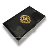 Antique Gold Lions Head Business Card Case Inlaid in Hand Painted Black Enamel Neo Victorian Leo Personalize Engraving and Color Options