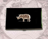 Rhino Card Case Inlaid in Hand Painted Black Enamel Neo Victorian Rhinoceros Case with Colors and Personalized Option