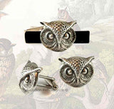 Tie Clip and Cufflinks Set Neo Victorian Owl Head Vintage Style Inlaid in Hand Painted Black Enamel with Color Options