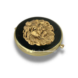 Lion Head Compact Mirror Inlaid in Hand Painted Black Enamel Neoclassic Leo Design with Color and Personalized Options Available