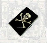 Metal Cigarette Case Silver Skull and Cross Bones Inlaid in Hand Painted Glossy Black Enamel Steampunk Metal Wallet Neo Victorian