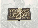 Octopus Business Card Case Inlaid in Hand Painted Black Ink Swirl Enamel Gothic Kraken with Personalize and Color Options