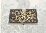 Octopus Business Card Case Inlaid in Hand Painted Enamel Smokey Gray Swirl Design Steampunk Kraken Custom Colors and Personalized Options