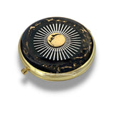 Moon and Sunburst Compact Mirror Inlaid in Hand Painted Black Enamel Art Deco Celestial Design with Color and Personalized Options Available