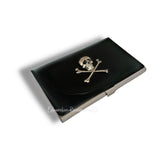Antique Gold Skull and Crossbones Business Card Case Inlaid in Hand Painted Black Enamel Goth Inspired with Personalized and Color Options
