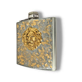 Antique Gold Lion Head Flask Inlaid in Silver with Gold Swirl Enamel Neoclassic Safari Vintage Style with Personalized and Color Options