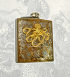 Octopus Flask Steampunk Inlaid in Hand Painted Enamel Gold Swirl Design Neo Victorian Kraken Hip Flask Custom Colors and Personalized Option