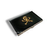 Antique Gold Skull and Crossbones Business Card Case Inlaid in Hand Painted Black Enamel Goth Inspired with Personalized and Color Options