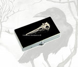 Raven Skull Pill Box Inlaid in Hand Painted Black Enamel Gothic Victorian Edgar Allan Poe Inspired with Colors and Personalized Options