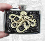 Octopus Flask Belt Buckle Inlaid in Hand Painted Black Silver Splash Enamel Gothic Nautical with Personalized and Color Options Available