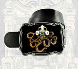 Octopus with Gas Mask Belt Buckle Inlaid in Hand Painted Black Enamel Industrial Victorian Inspired Ornate Buckle with Color Options