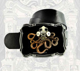 Octopus with Gas Mask Belt Buckle Inlaid in Hand Painted Ox Blood Enamel Industrial Victorian Inspired Ornate Buckle with Color Options