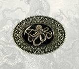 Octopus Belt Buckle Inlaid in Hand Painted Glossy Black Onyx Enamel with Intricate Brocade Etchings Kraken Style with Color Options