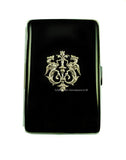 Dragon Crest Metal Cigarette Case Inlaid in Hand Painted Glossy Black Onyx Enamel Metal Wallet with Personalized and Custom Colors Options
