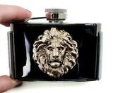 Lion Head Flask Belt Buckle Inlaid in Hand Painted Gold Swirl Enamel Neo Victorian Safari Inspired with Personalized and Color Options