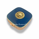 Rose Compass Pill Case Inlaid in Hand Painted Glossy Navy Enamel Nautical Inspired with Custom Colors and Personalized Options