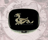 Antique Silver Dragon Pill Box Inlaid in Hand Painted Black Onyx Glossy Enamel Medieval with Personalized and Color Options