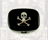 Skull and Crossbones Pill Case Inlaid in Hand Painted Black Onyx Enamel with Personalized and Colors Options