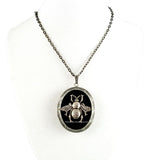 Antique Silver Queen Bee Locket Inlaid in Hand Painted Glossy Black Onyx Enamel  Keepsake Necklace with Personalized and Color Options