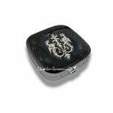 Antique Silver Dragon Crest Oval Pill Box Inlaid in Hand Painted Black Enamel Medieval Inspired Personalized and Color Options Available