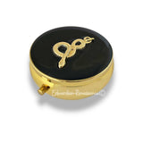 Antique Gold Serpent Pill Case Inlaid in Hand Painted Black with Gold Swirl Enamel Vintage Style Snake with Personalize and Color Options