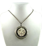 Lion Keepsake Locket Inlaid in Hand Painted Glossy Black Onyx Enamel Neoclassic Pill Box Necklace with Personalized and Color Options