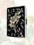 Art Nouveau Floral Metal Cigarette Case Inlaid in Hand Painted Enamel Black Ink Swirl Design Victorian Botanical Metal Wallet Personalized