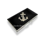 Antique Silver Anchor Weekly Pill Box Inlaid in Hand Painted Black Enamel Vintage Nautical Style with Personalized and Color Options