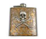Gold Skull and Crossbones Flask Inlaid in Hand Painted Gold Swirl Design Goth Style with Custom Colors and Personalized Options