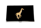 Antique Gold Giraffe Business Card Case Inlaid in Hand Painted Glossy Black Enamel Neo Victorian Safari with Personalized and Color Options