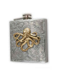 Antique Silver Octopus Flask Neo Victorian Kraken in Hand Painted Black with Gold Swirl Enamel with Custom Engraving and Color Options