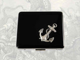 Antique Silver Anchor Pill Box with Organizer Inlaid in Hand Painted Enamel Victorian Nautical Inspired with Personalized and Color Options