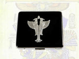 Falcon Weekly Pill Box Inlaid in Glossy Black wit Gold Splash Enamel Art Deco Horus Design Custom Colors and Personalized Options