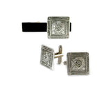 Art Deco Cuff Links Antique Sterling Silver Moorish Design Inspired Neo Victorian Cufflinks with Tie Clip and Tie Pin Set Options