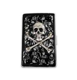 Metal Cigarette Case Silver Skull and Cross Bones Inlaid in Hand Painted Glossy Black Ink Swirl Design Custom Colors and Personalized Option