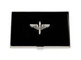 Propeller and Wings Metal Card Case Inlaid in Hand Painted Black Enamel Air Corps Insignia Vintage Style Aviation with Personalized Options