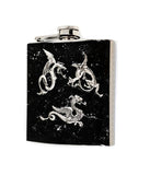 Battling Dragons Flask Game of Thrones Inspired Inlaid in Hand Painted Enamel Black with Silver Splash Personalized Options