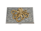 Octopus Business Card Case Inlaid in Hand Painted Enamel Steampunk Kraken Metal Wallet Silver Swirl Design Custom Colors and Personalized