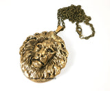 Antique Gold Lion Head Inlaid in Oxidized Gold Large Pill Box Locket Leo Neoclassic Design Necklace with Personalized and Color Options
